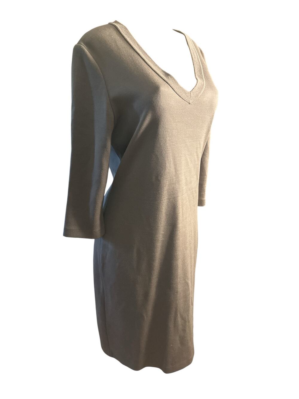 Women 12 St. John V-Neck Wool Blend Knit Dress Beige Long Slv Shift Sheath USA